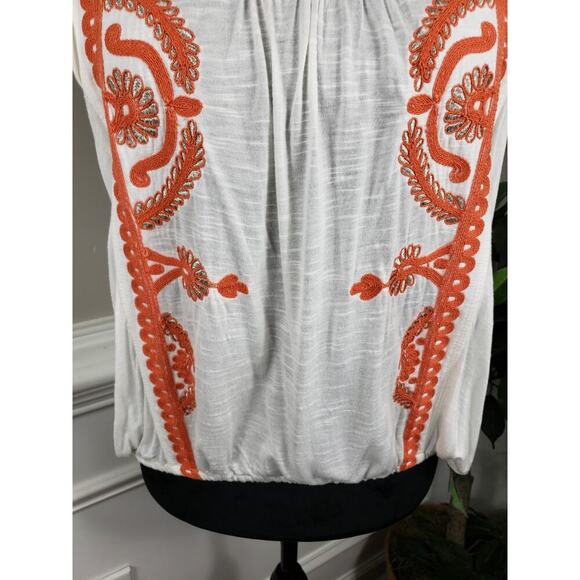 Free People Top Women XS White Orange Embroidered Boho Keyhole Cotton - Picture 4 of 14